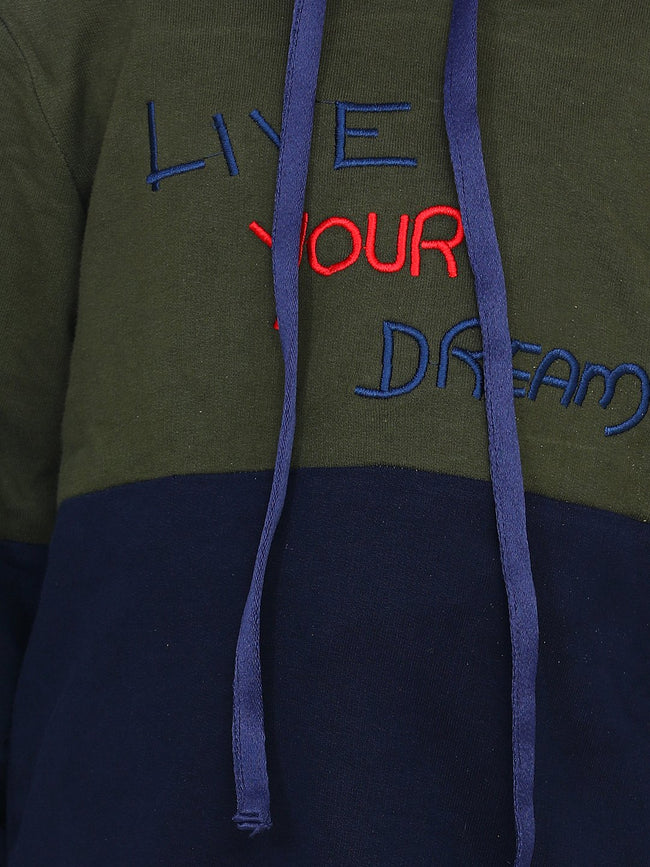 Olive Green Colorblock French Terry Full Sleeve SweatShirt With Jogger