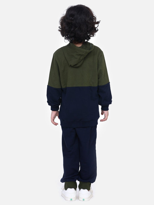 Olive Green Colorblock French Terry Full Sleeve SweatShirt With Jogger