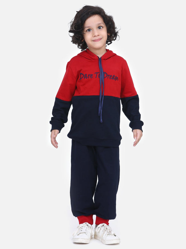 Maroon Colorblock French Terry Full Sleeve SweatShirt With Jogger