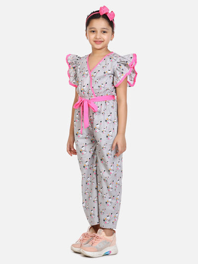 lilpicks Grey Teddy Print Frilled Full Jumpsuit