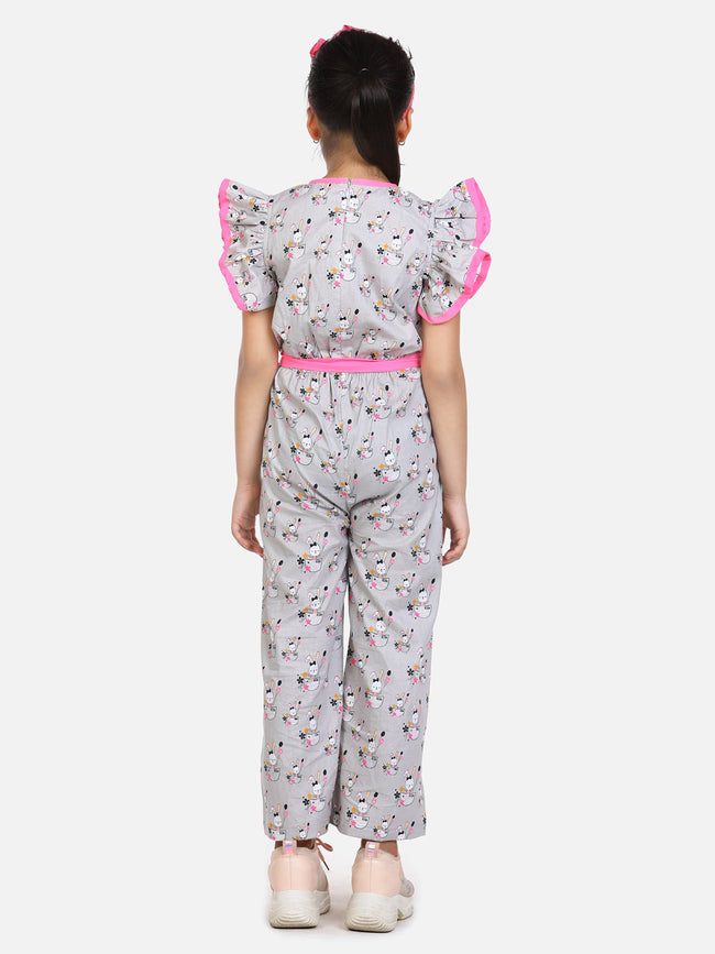 lilpicks Grey Teddy Print Frilled Full Jumpsuit