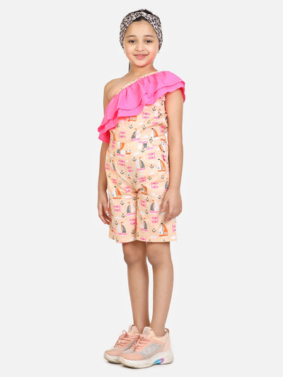 lilpicks Fish Print Peach One Side Shoulder Short Jumpsuit