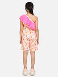 lilpicks Fish Print Peach One Side Shoulder Short Jumpsuit