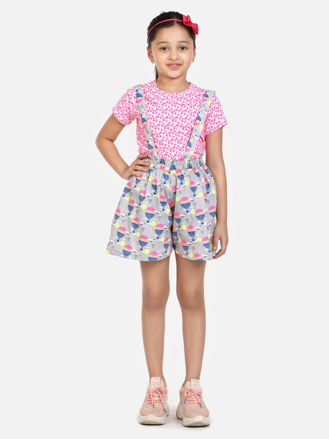 lilpicks Funky Pink Grey Dungaree skirt Set