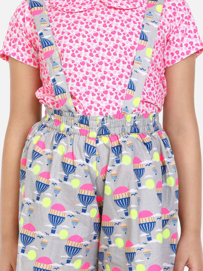 lilpicks Funky Pink Grey Dungaree skirt Set