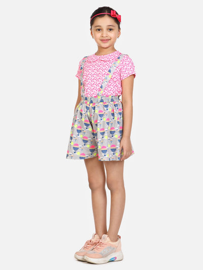 lilpicks Funky Pink Grey Dungaree skirt Set