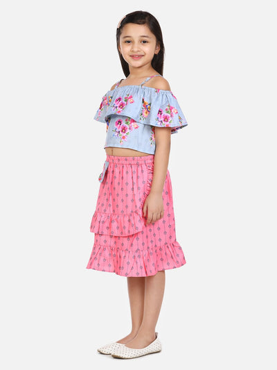 lilpicks Grey Pink Floral Skirt Set