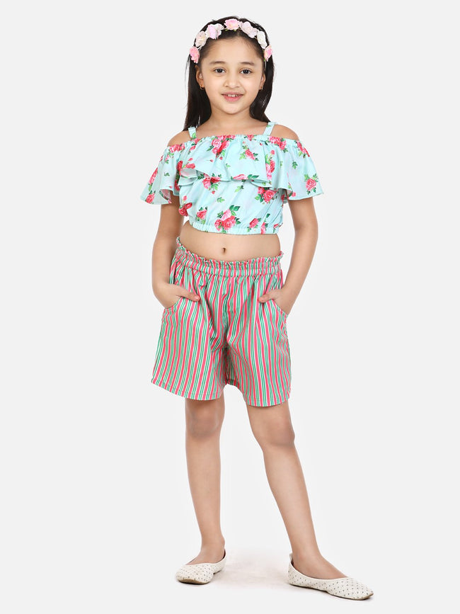 lilpicks Green Pink Fashionable Shorts Set