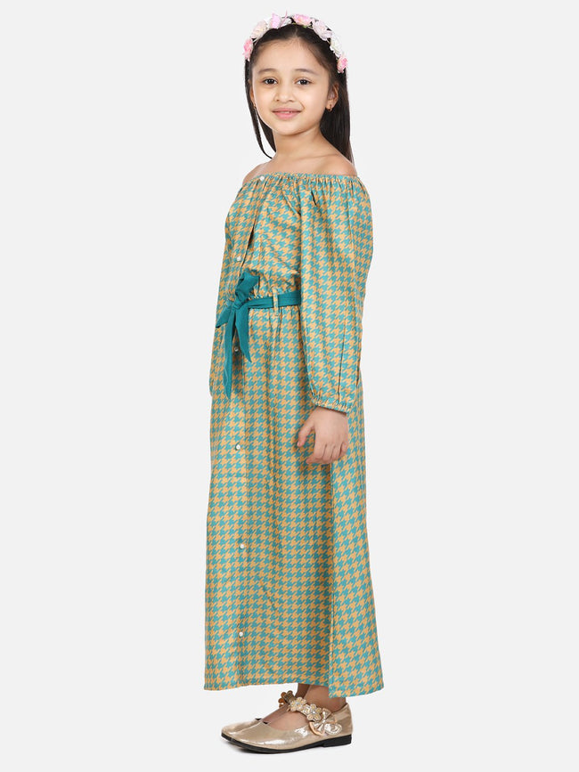 lilpicks Green Aztec Off shoulder Party Maxi Dress