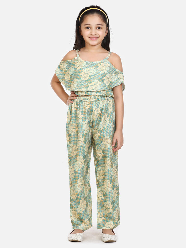 lilpicks Green Off Shoulder Pant Set