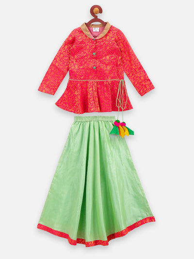 lilpicks Peach Jacquard peplum Jacket and Lehnga Set