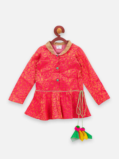 lilpicks Peach Jacquard peplum Jacket and Lehnga Set