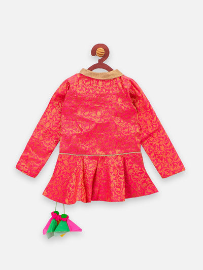 lilpicks Peach Jacquard peplum Jacket and Lehnga Set