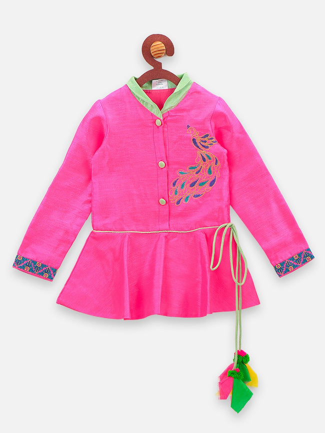 lilpicks Neon Pink Peacock Peplum Jacket and Lehnga Set
