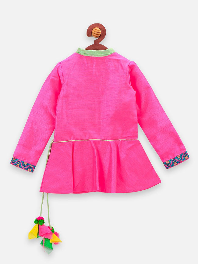 lilpicks Neon Pink Peacock Peplum Jacket and Lehnga Set