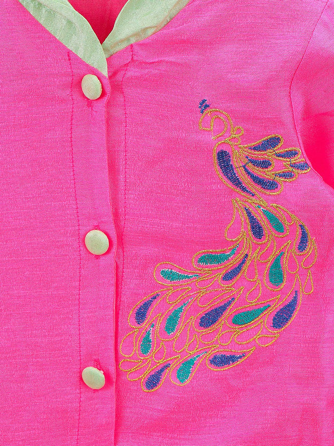 lilpicks Neon Pink Peacock Peplum Jacket and Lehnga Set