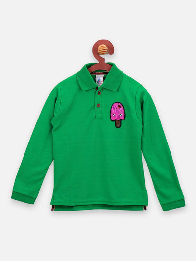 lilpicks Green FullSleeves Sequin Ice-cream Patch Polo Tshirt