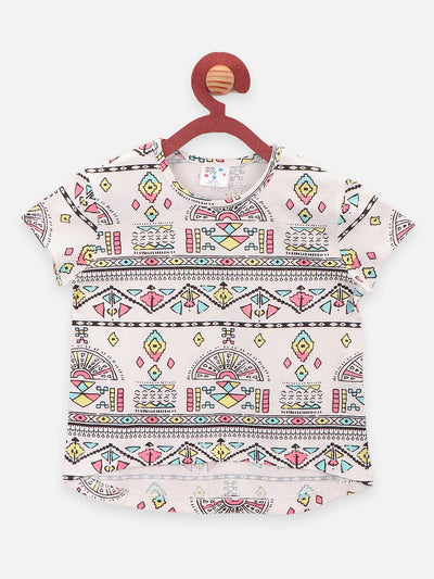 White Tribal Print Round Neck Short Sleeve Tops