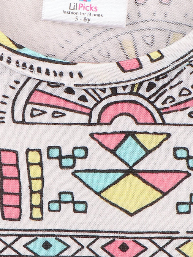 White Tribal Print Round Neck Short Sleeve Tops