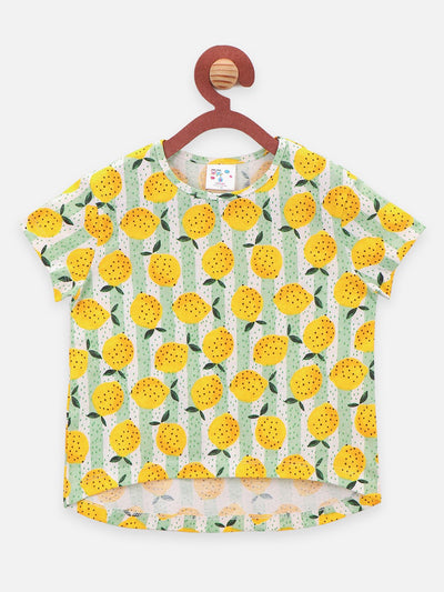 Yellow Fruit Print Round Neck Short Sleeve Tops