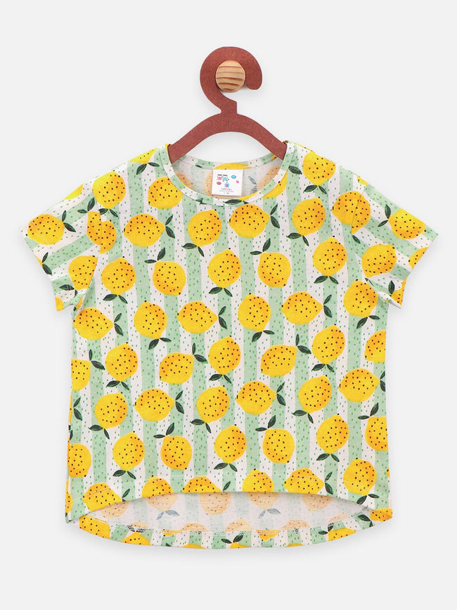 Yellow Fruit Print Round Neck Short Sleeve Tops