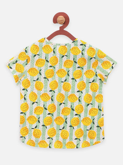 Yellow Fruit Print Round Neck Short Sleeve Tops