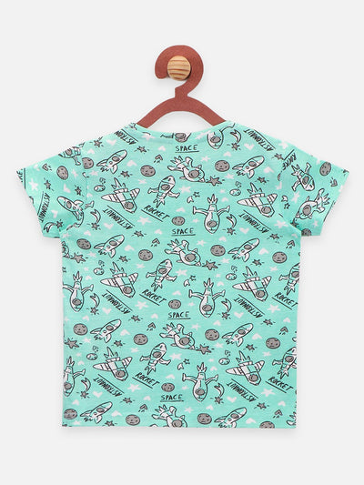 Sea Green Quirky Printed Round Neck Short Sleeve T Shirt