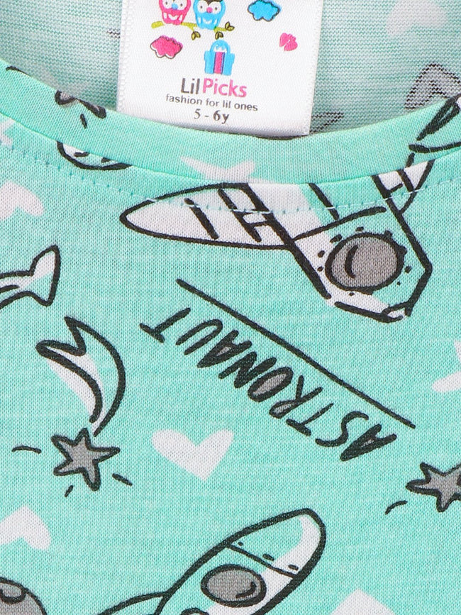 Sea Green Quirky Printed Round Neck Short Sleeve T Shirt