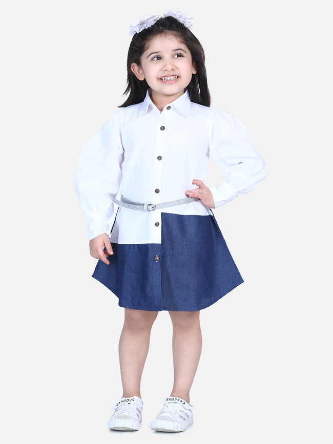 Lilpicks White Denim Colorblock Belt Dress
