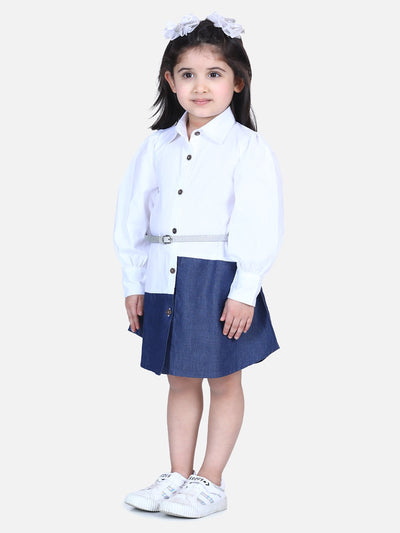 Lilpicks White Denim Colorblock Belt Dress