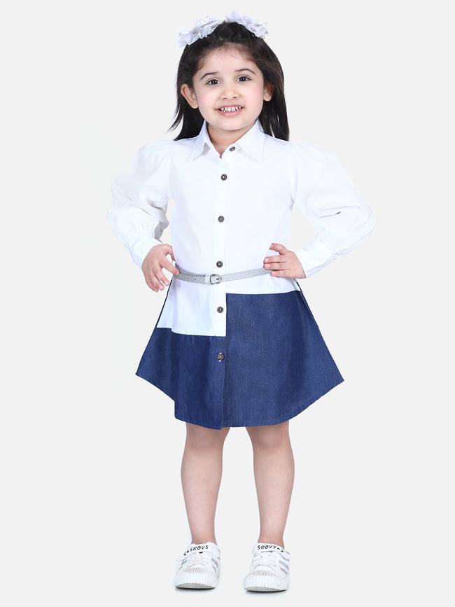 Lilpicks White Denim Colorblock Belt Dress