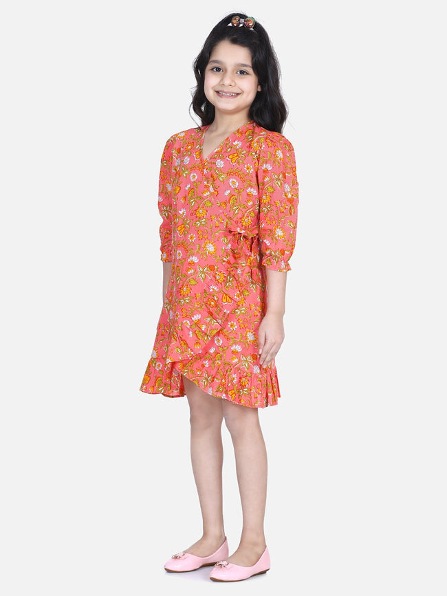 Lilpicks Orange Block Print Frilly Overlap Dress
