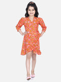 Lilpicks Orange Block Print Frilly Overlap Dress