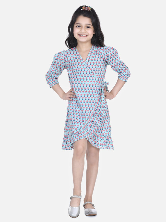 Lilpicks Grey Block Print Frilly Overlap Dress