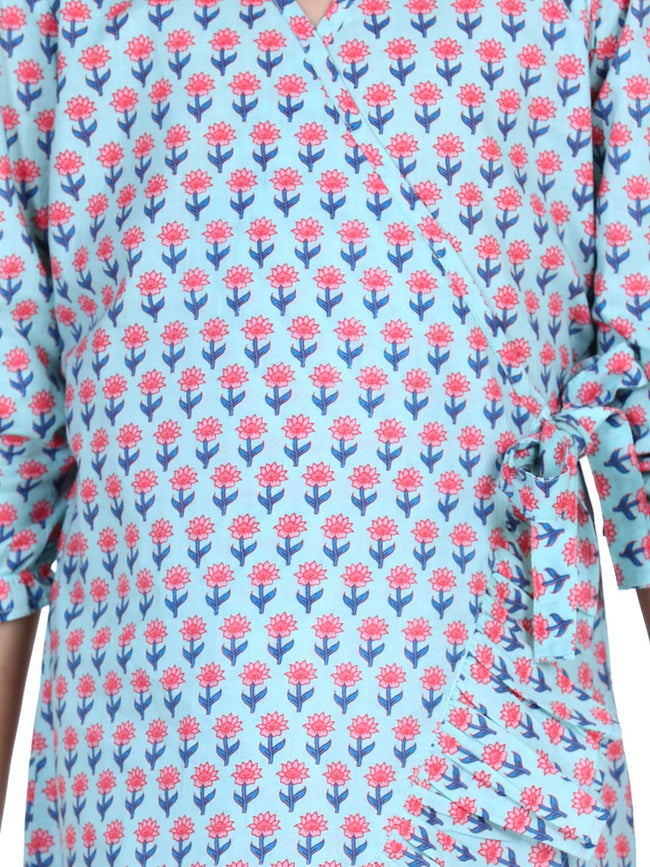 Lilpicks Grey Block Print Frilly Overlap Dress