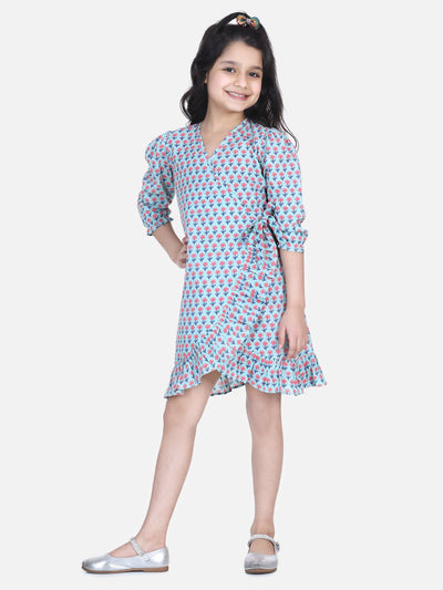 Lilpicks Grey Block Print Frilly Overlap Dress