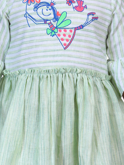 Lilpicks Green Embroidered Bell Sleeve Dress