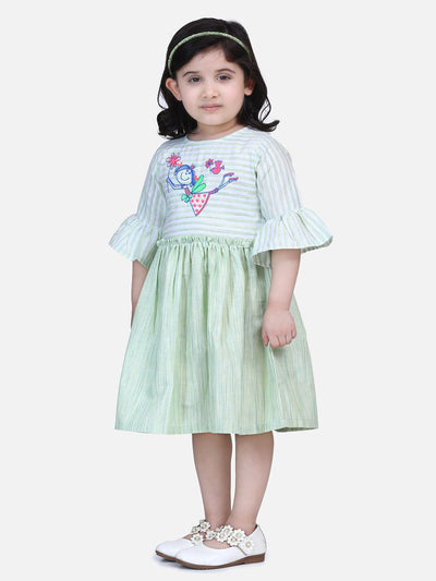 Lilpicks Green Embroidered Bell Sleeve Dress