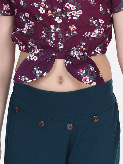 Lilpicks Wine Knot Top with Stretchable Pant Set