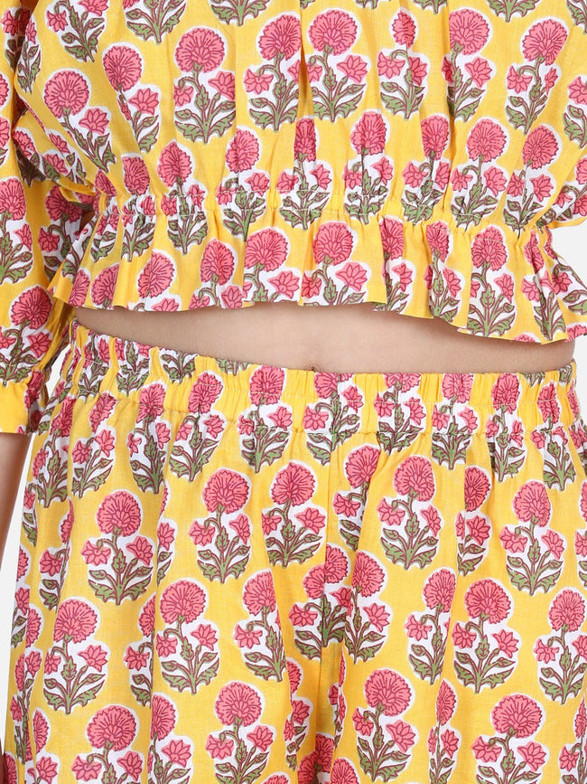 Lilpicks Frilly yellow flower block print palazzo set