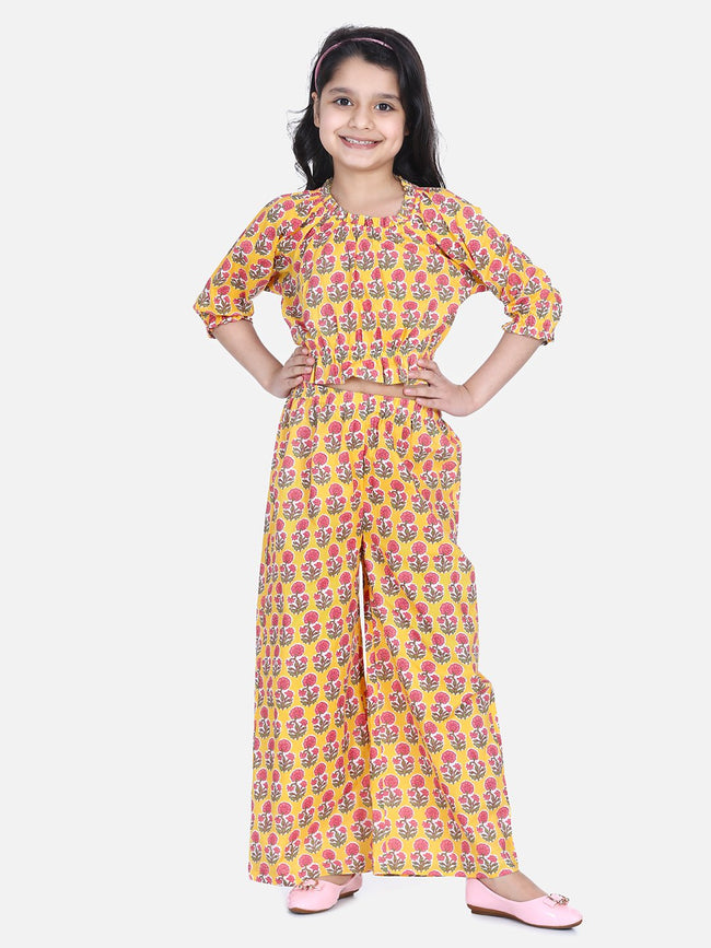 Lilpicks Frilly yellow flower block print palazzo set