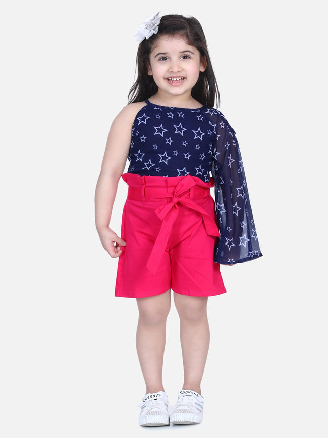 Lilpicks One-Side Sleeve Top with Fuschia Frilly Shorts Set