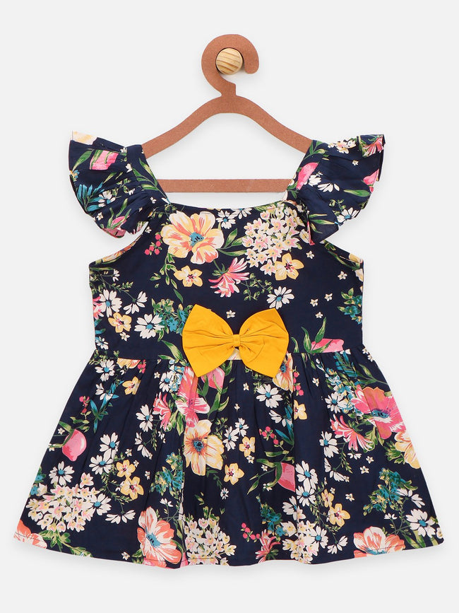 Lilpicks Navy Floral Print Peplum Top with Frilly Shorts Set
