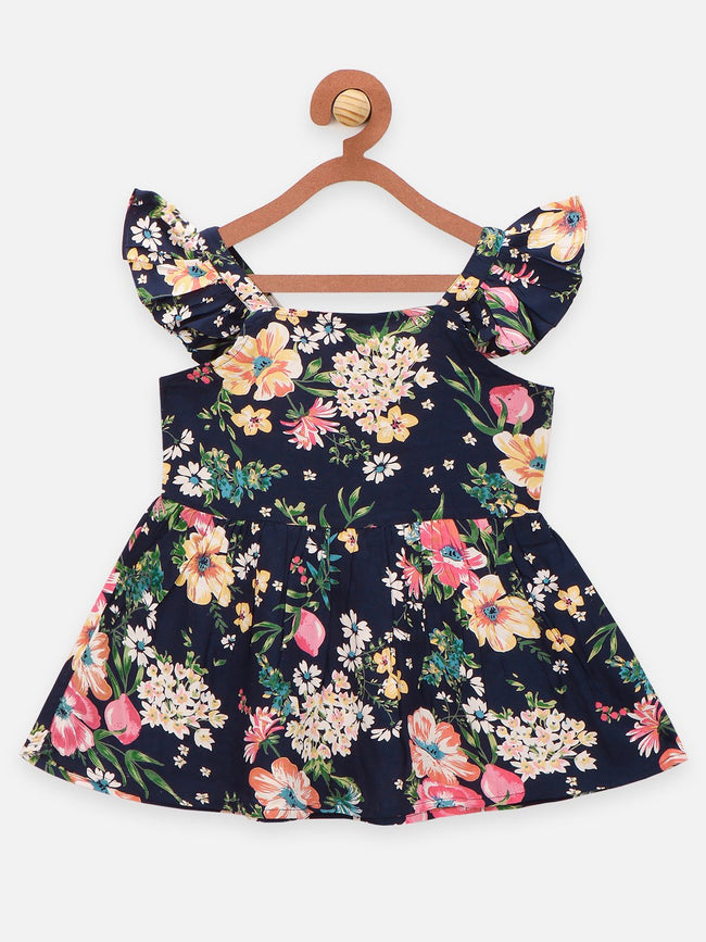Lilpicks Navy Floral Print Peplum Top with Frilly Shorts Set