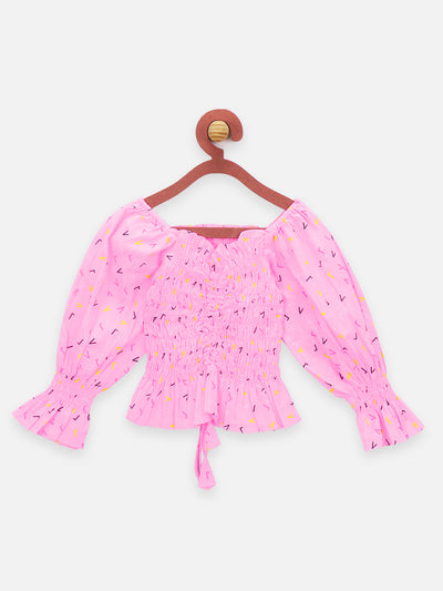 Neon Pink Smocking Top with Navy Shorts Set