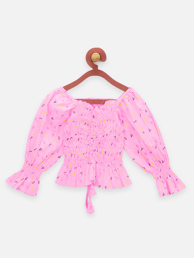 Neon Pink Smocking Top with Navy Shorts Set