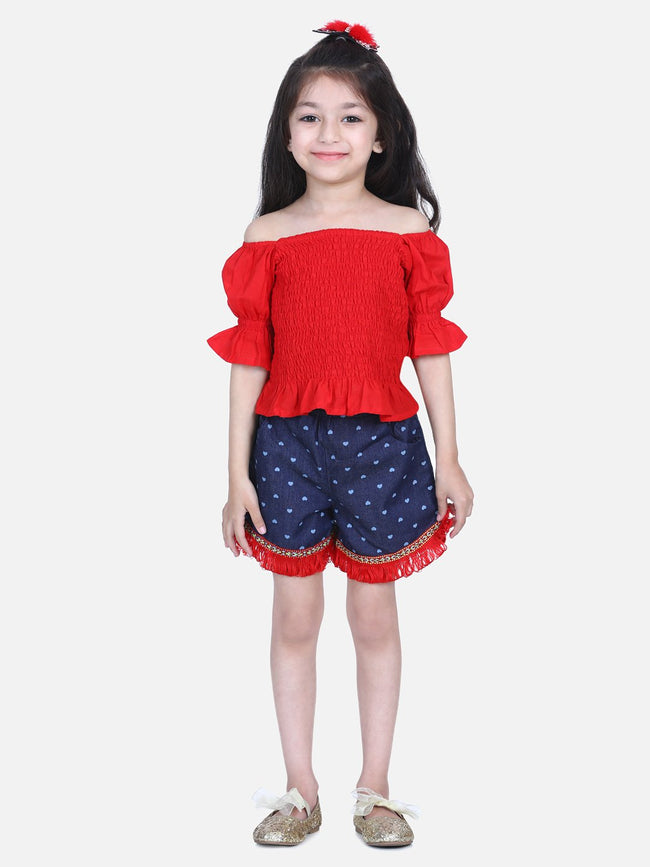 Lilpicks Red Smocking Top with Denim Shorts Set
