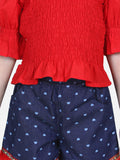 Lilpicks Red Smocking Top with Denim Shorts Set