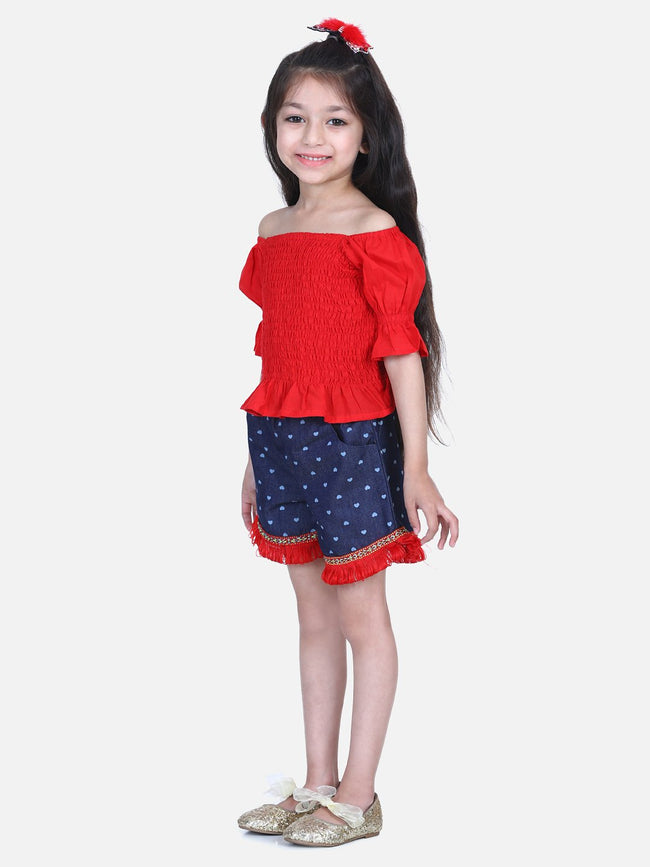 Lilpicks Red Smocking Top with Denim Shorts Set