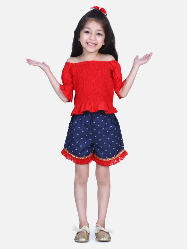Lilpicks Red Smocking Top with Denim Shorts Set